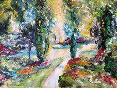 Impressionist oil on canvas painting of a road to paradise or happiness with fantasy colours 
