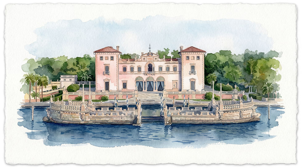 Watercolor illustration of the Viscaya Gardens wedding venue. High-resolution digital download for Save the Dates and Invites