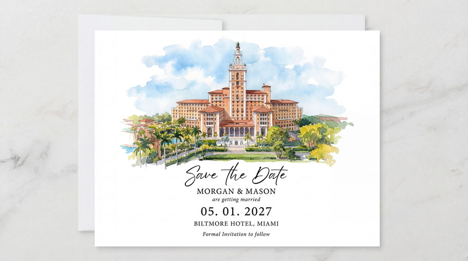 Watercolor illustration of the Biltmore Hotel wedding venue in Coral Gables, Miami with its iconic Mediterranean tower.