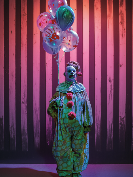 scary clown with balloons