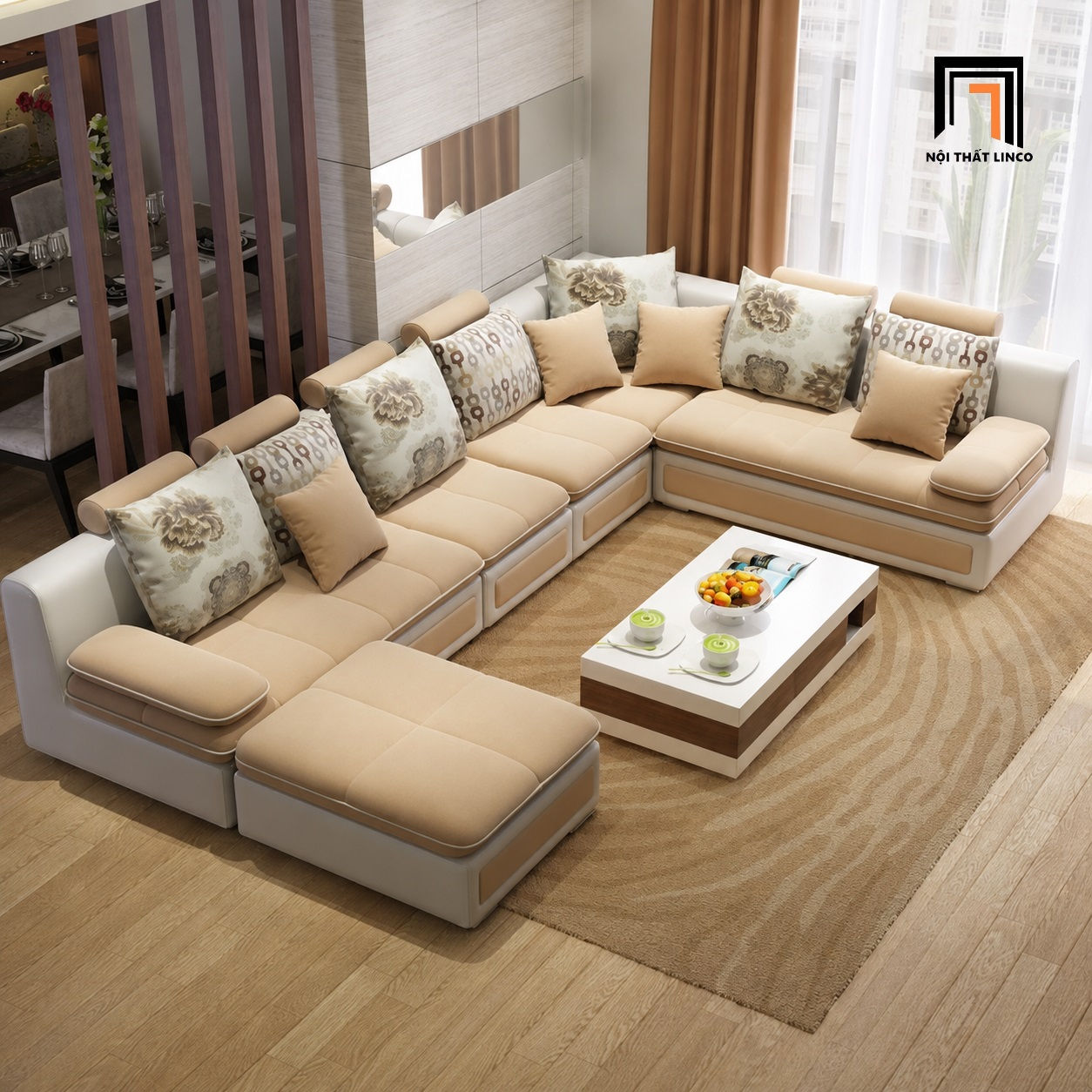 sofa chữ U dài 3m màu be