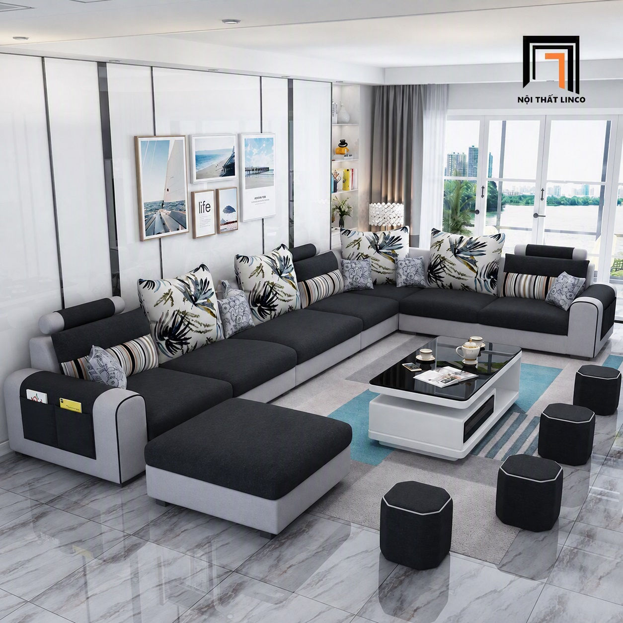sofa chữ U dài 3m55 phối trắng đen