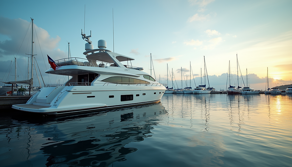 Large motor yacht in a marina slip prepared for professional boat delivery.