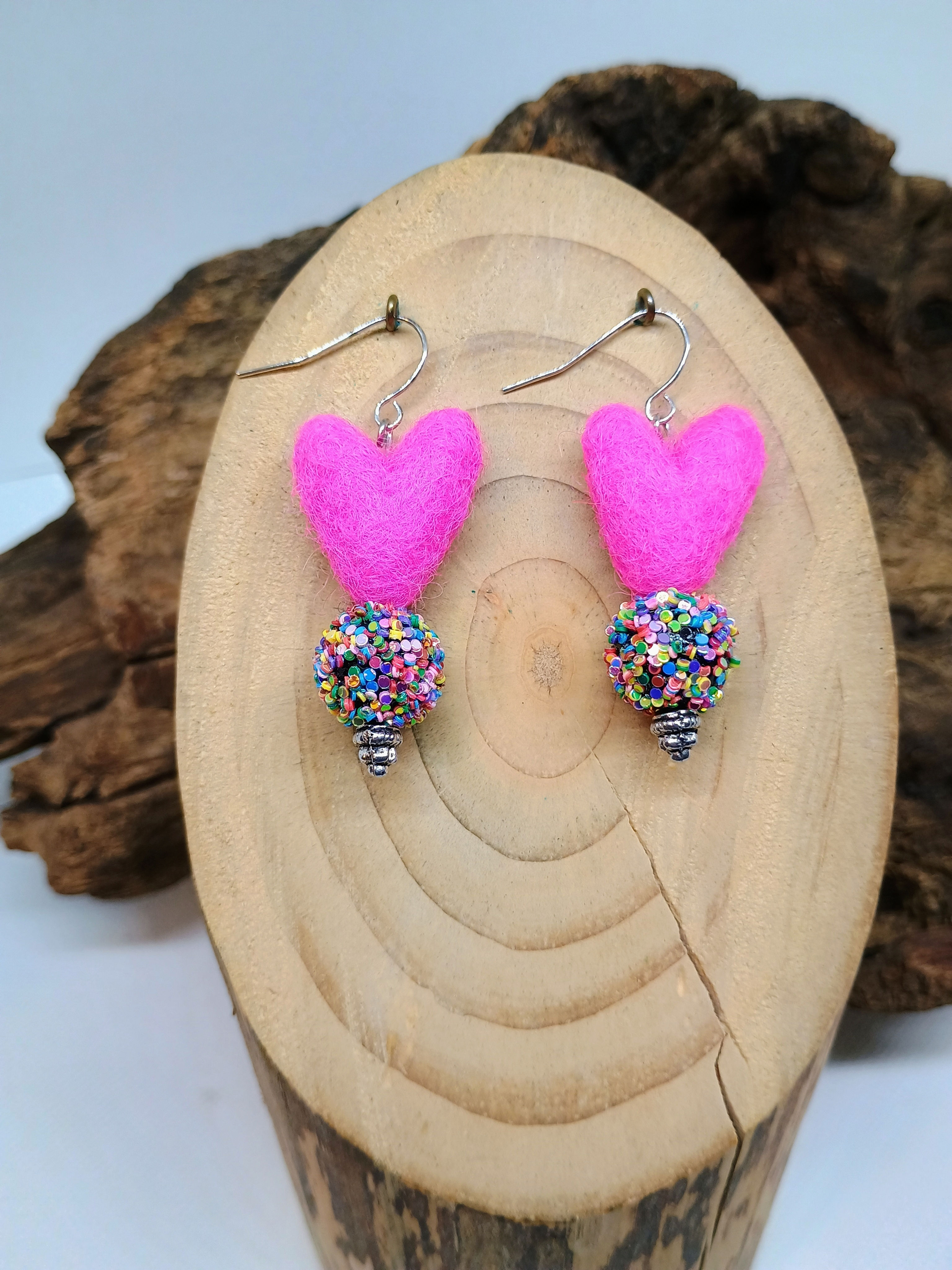 Pink Felt Heart & Glittery Earrings