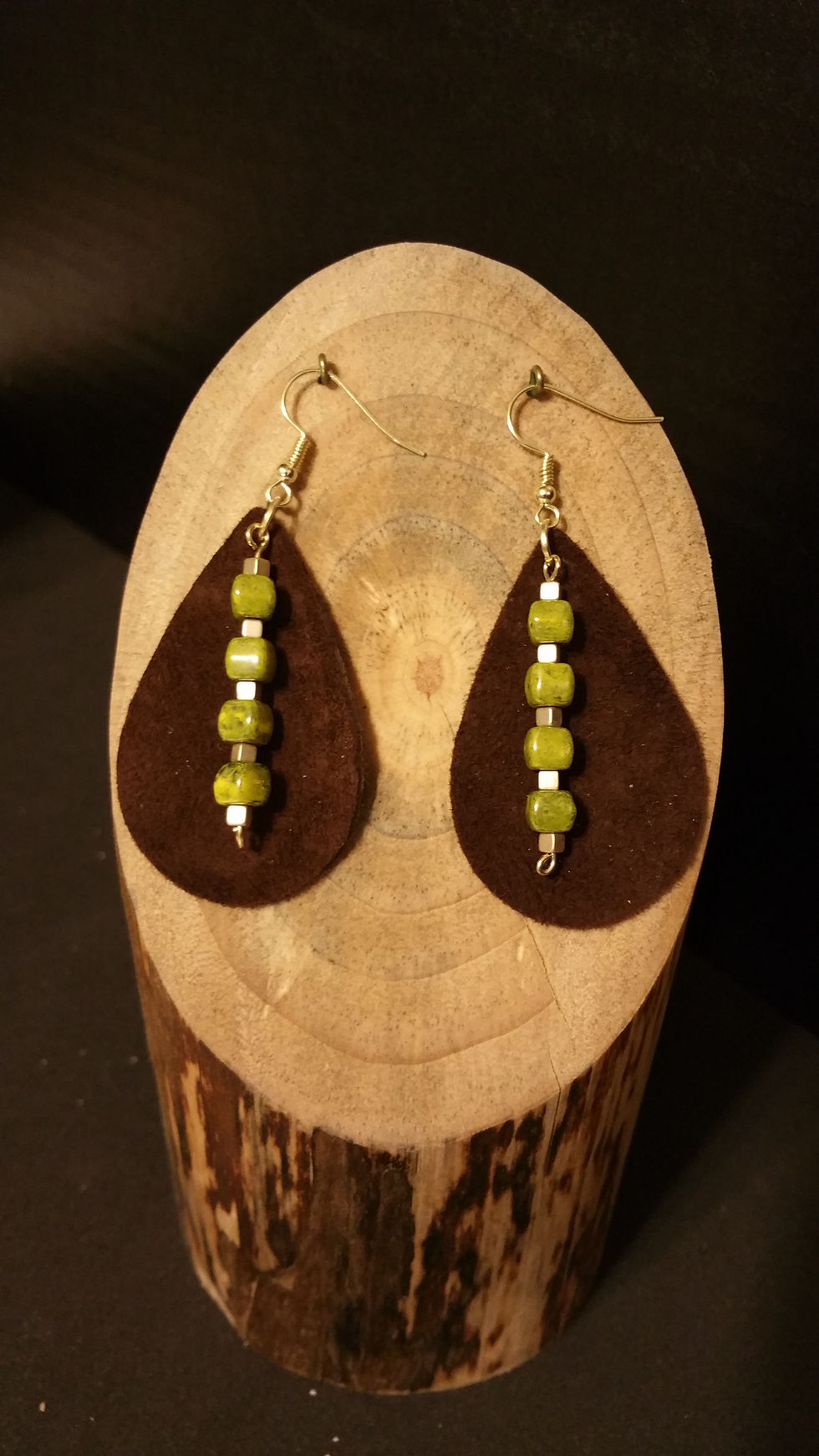 Leather Teardrop with Green Glassbeads