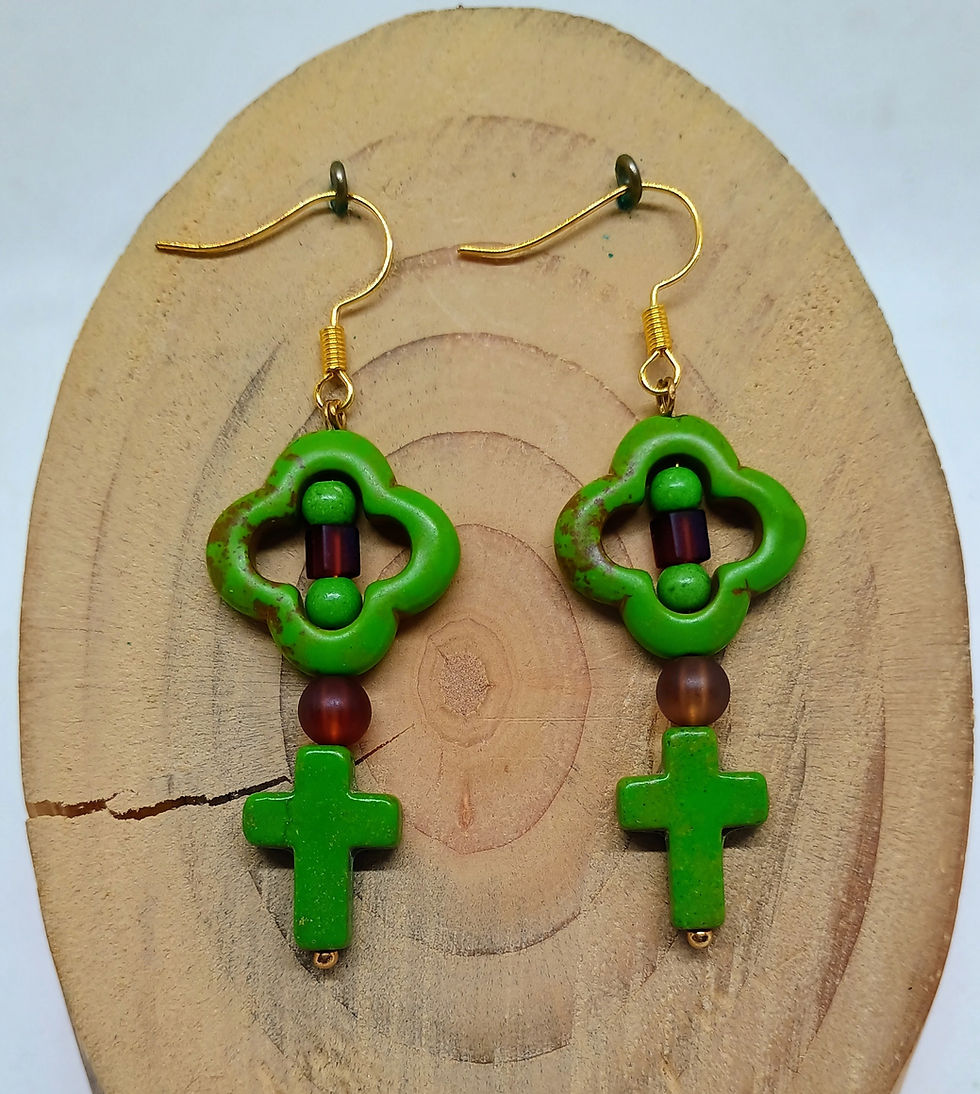 Thumbnail: Green Howlite Bead Earrings | Green Cross Earrings | Beaded Gold-Tone Dangles