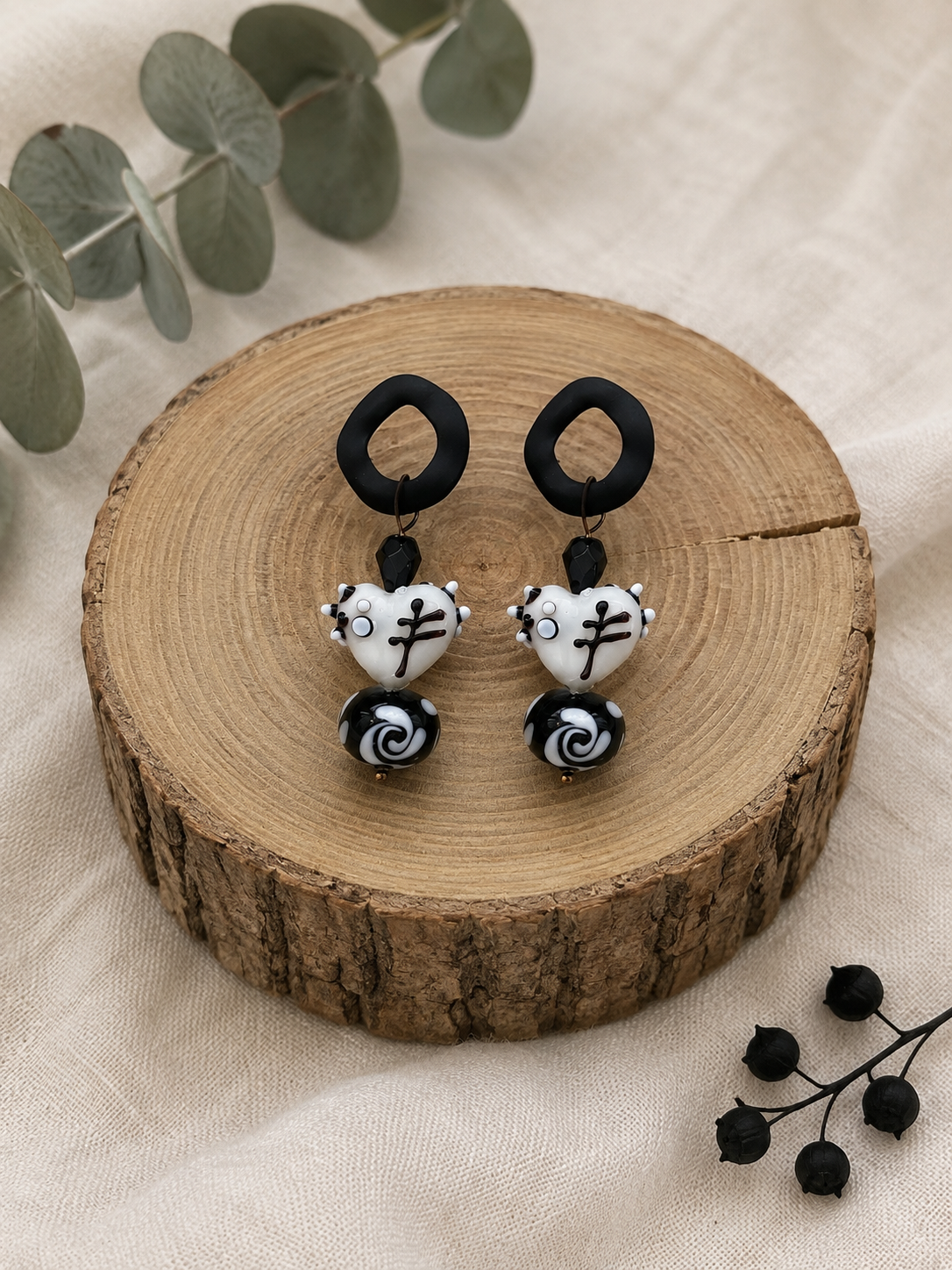Black & White Heart Glass Bead Earrings - Artisan Style