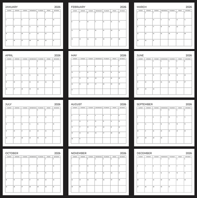 2026 full year calendar templates from January through December with printable monthly grids for planning holidays, school schedules, work deadlines, and appointments in PDF, Word, and Excel.
