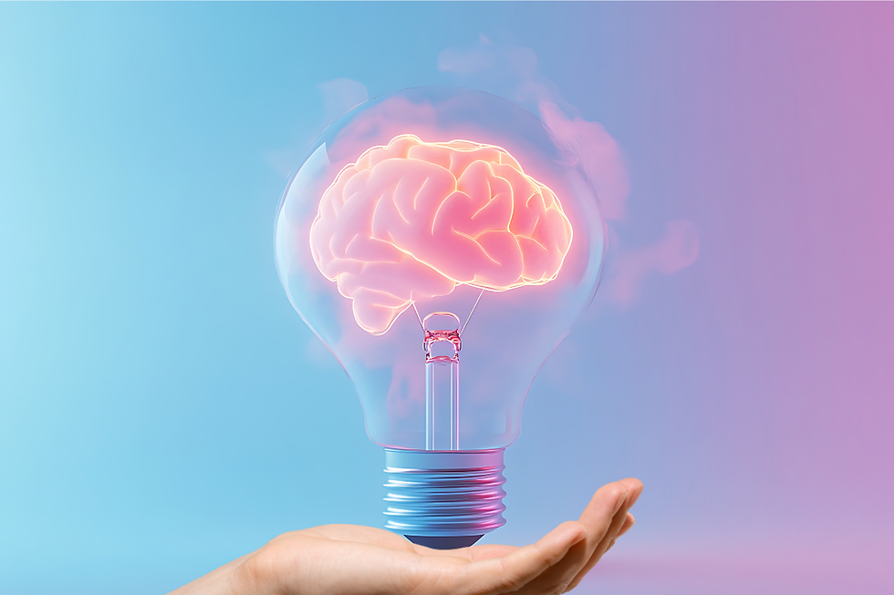 A glowing brain inside a light bulb rests on a hand, set against a pastel blue and pink background, symbolizing innovation and ideas.