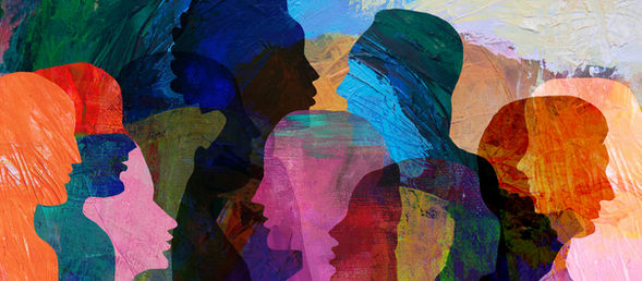 abstract depiction of various people in social setting in different colors