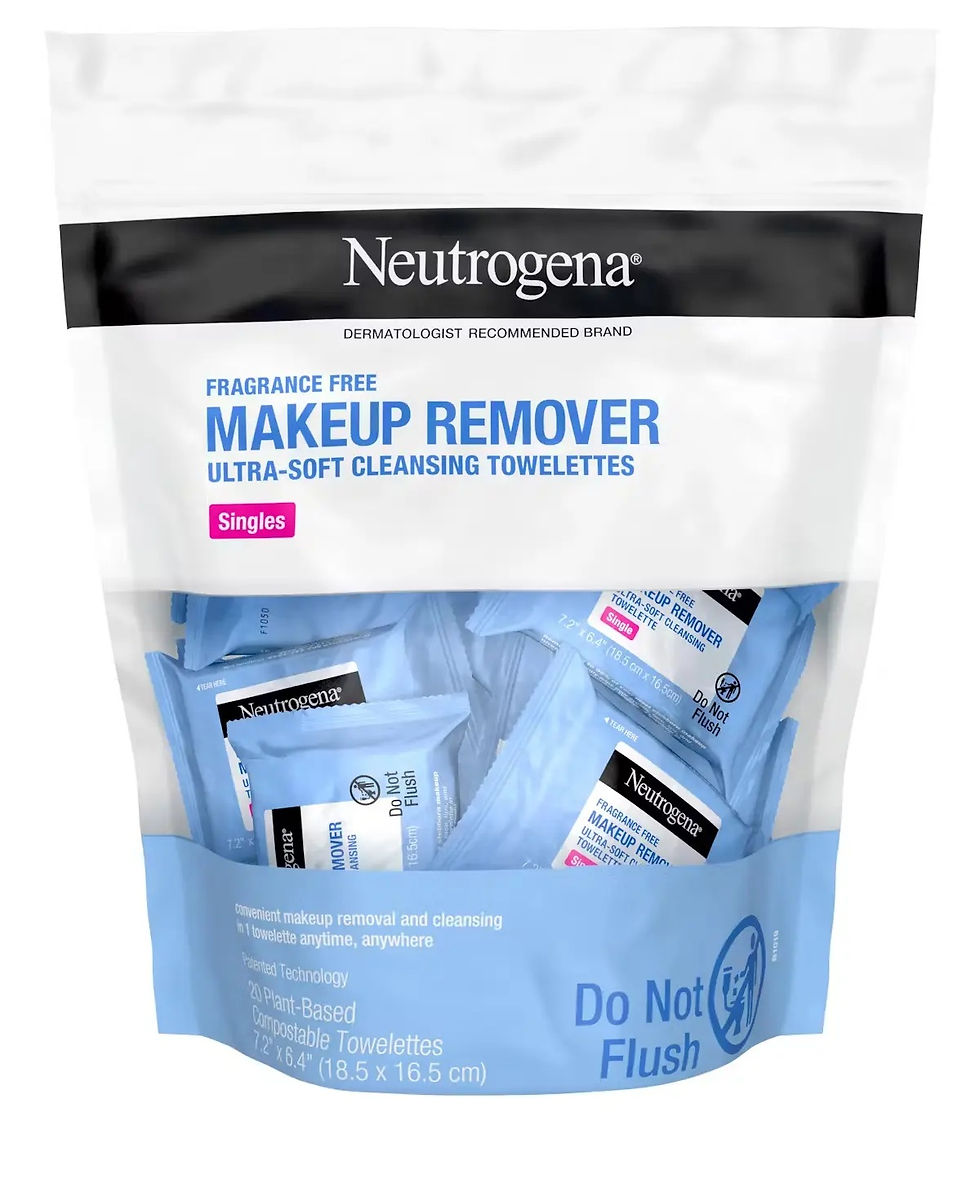 Neutrogena makeup remover towelettes in a clear bag with blue accents. Fragrance-free, "Do Not Flush" visible. Clean, simple design.