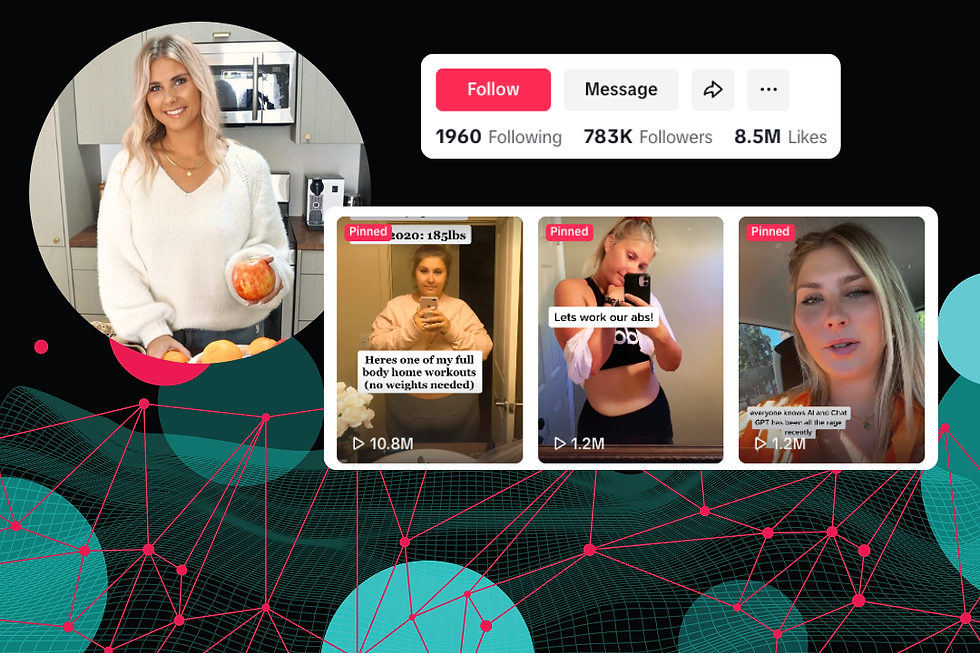 Woman in a kitchen holding a pepper, with workout video thumbnails and social media stats overlay. Energetic and health-focused mood.