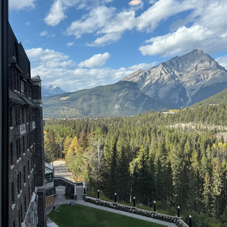 view from upper spa of mountains and forest at Fairmont Banff Springs hotel