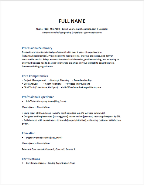 Basic resume template with clean, simple sections, ideal for quick job applications, ATS-friendly layout, and Word editing