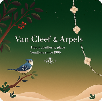cartoon bluejay bird perched on a holly tree branch looking at a van cleef and arpels alhambra necklace gold. the sky is shades of dark green and fades into beige