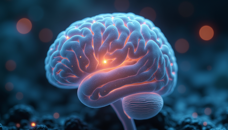 Close-up view of a brain model with highlighted neural pathways related to hormonal regulation