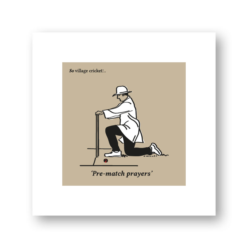 Cricket umpire sets the stumps and looks like he is praying