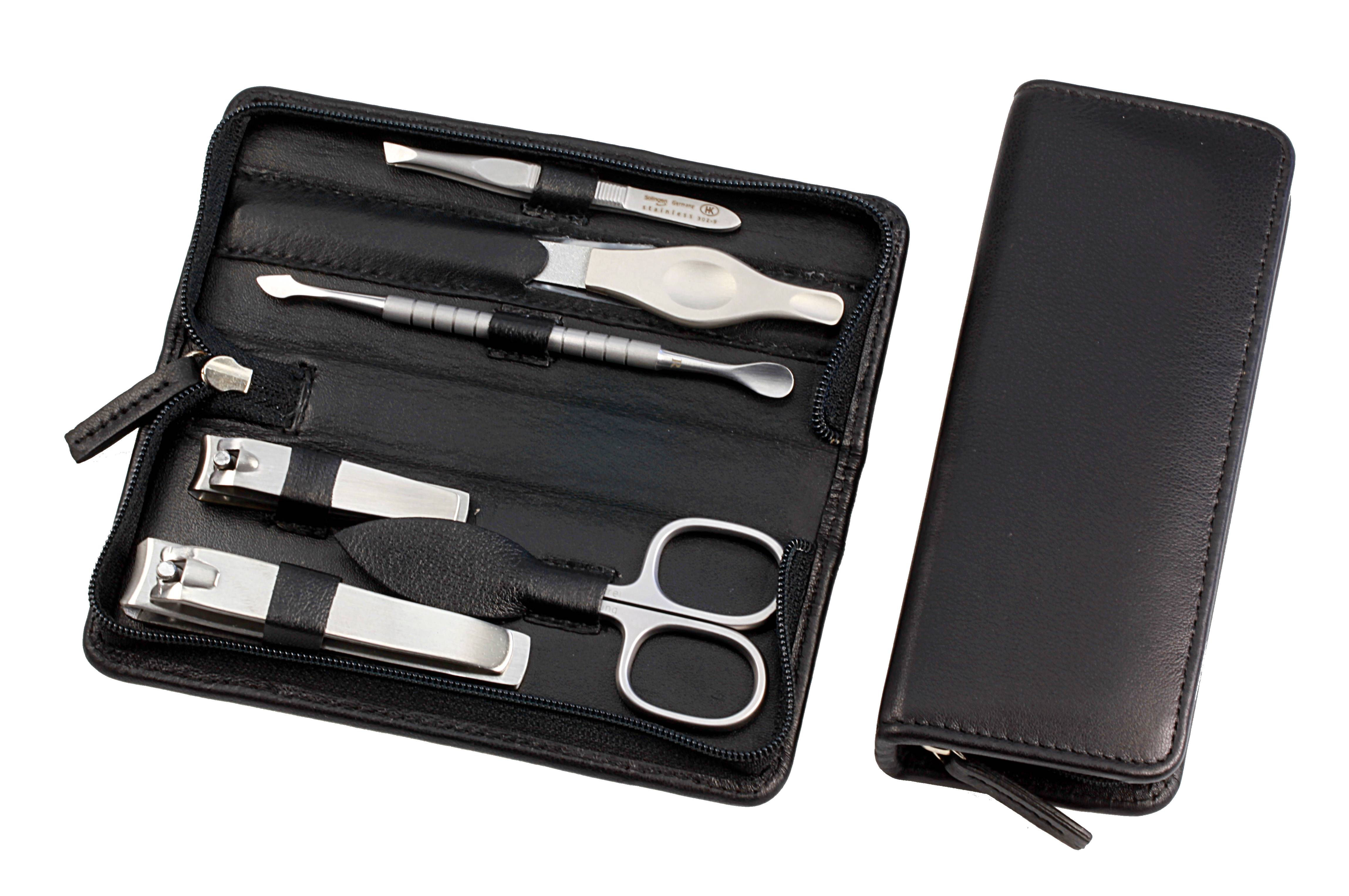 סט מניקור איכותי,6  מוצרים, בארנק עור עם רוכסן בצבע שחור, תוצרת גרמניה