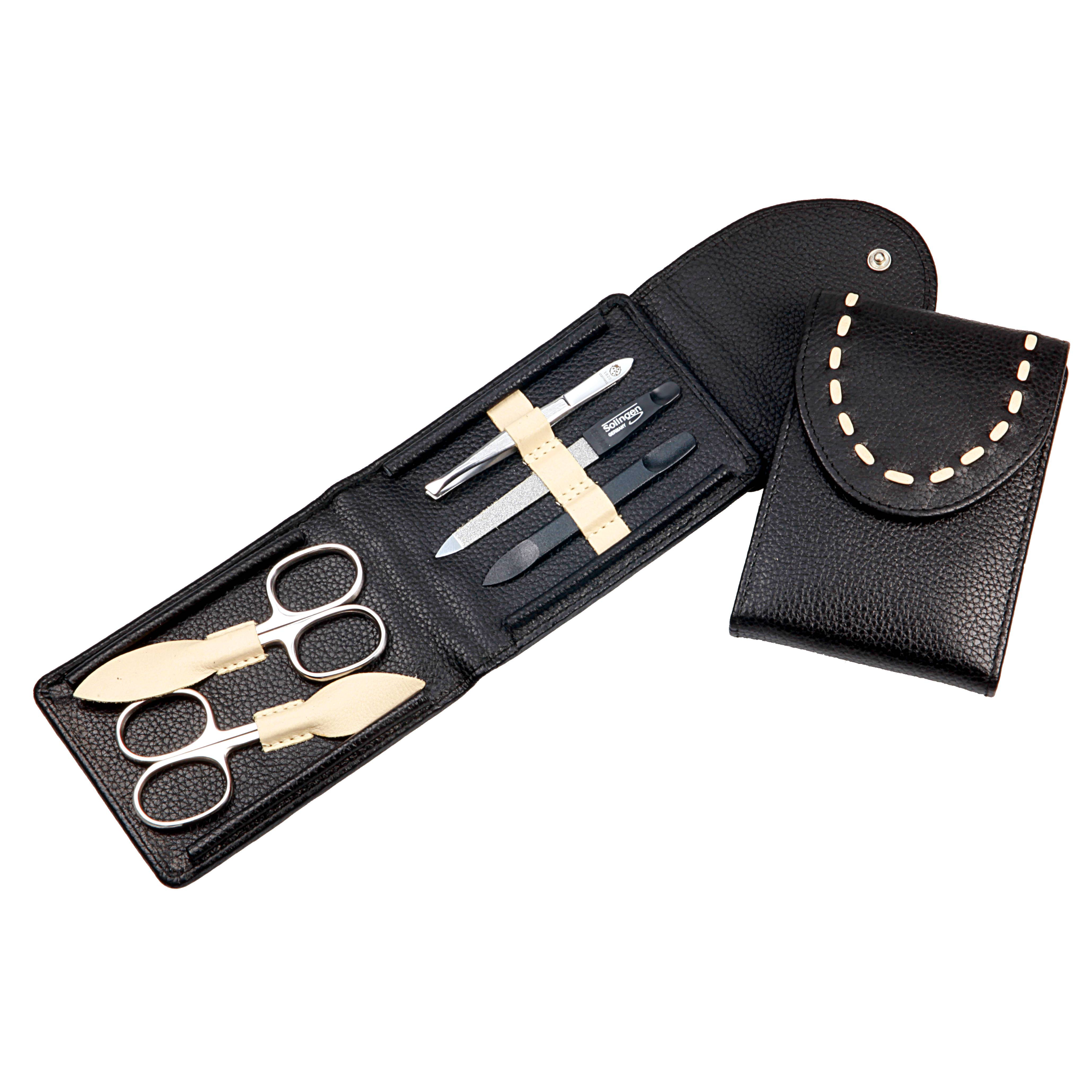 מארז מניקור: סט 5 חלקים, נירוסטה, מלוטשת; עור פרה אמיתי, שחור/בז'