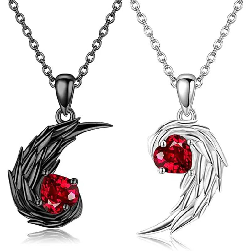 Thumbnail: Couple Two-color Heart Pendant Necklace with Feather Wings