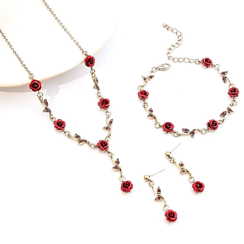 Thumbnail: Vintage Rose Flower Jewelry Set Necklace Bracelet Earrings