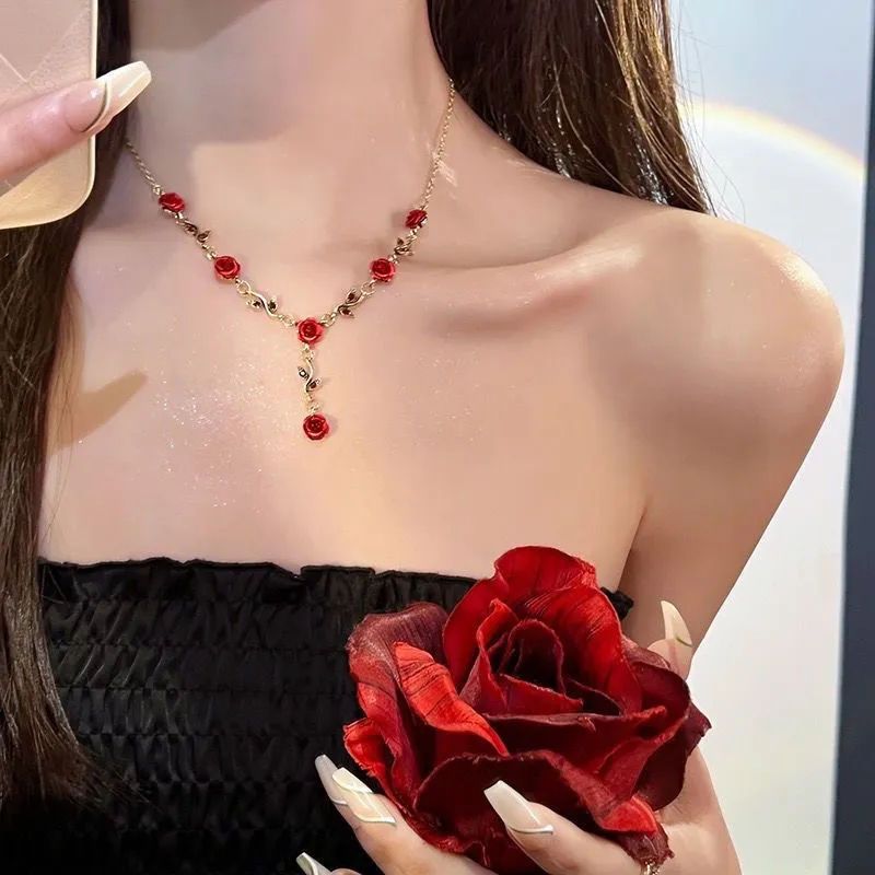 Thumbnail: Vintage Rose Flower Jewelry Set Necklace Bracelet Earrings