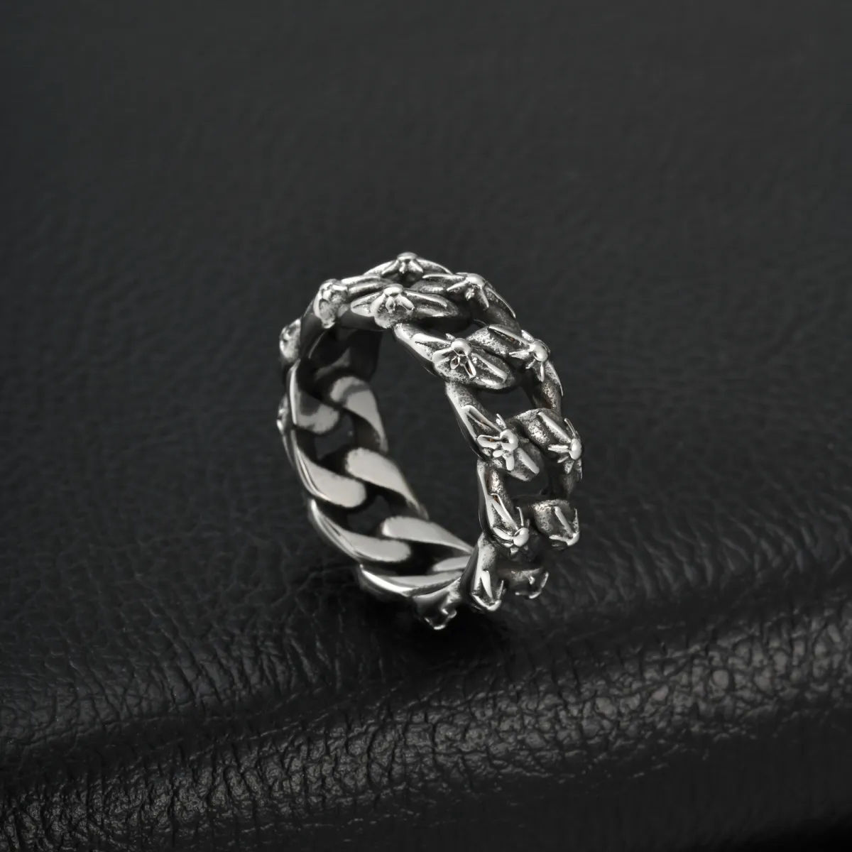 floral Cuban link stainless steel ring