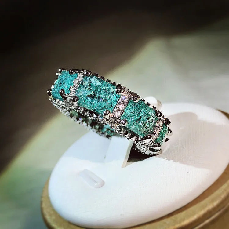 Thumbnail: Paraiba Simulation Gemstone Women Ring Geometric Gold Plated Jewelry