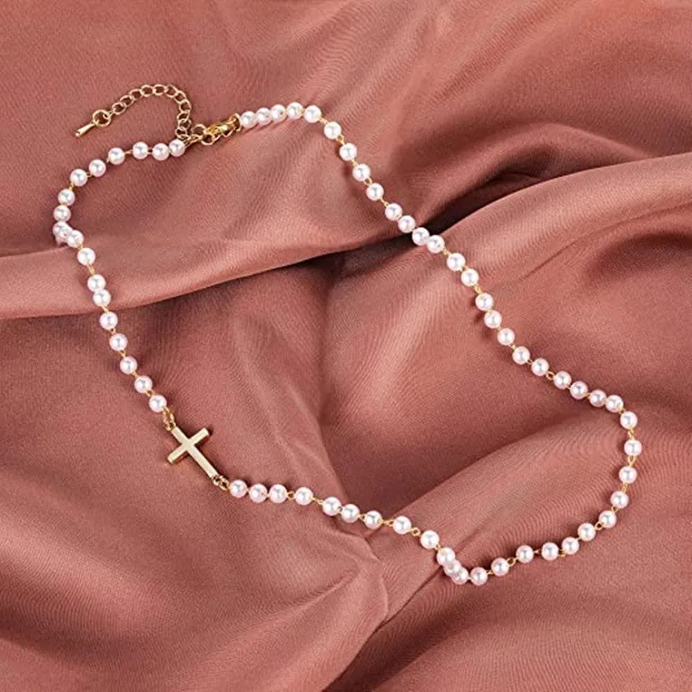 Adjustable Cross Pendant Pearl Chain Necklace