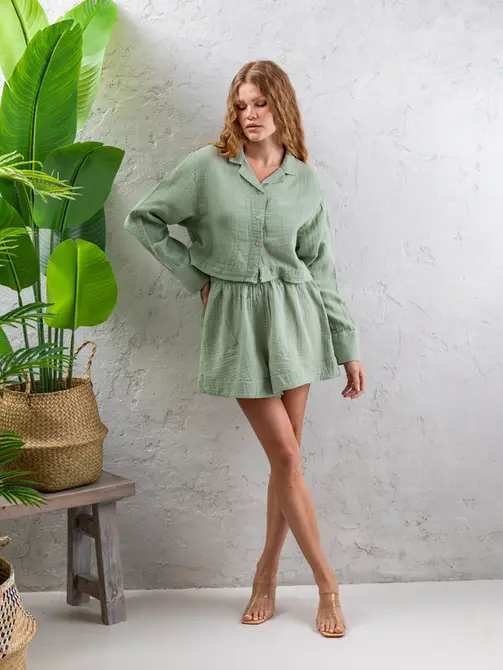 Pamuk Müslin Crop Gömlek Şort