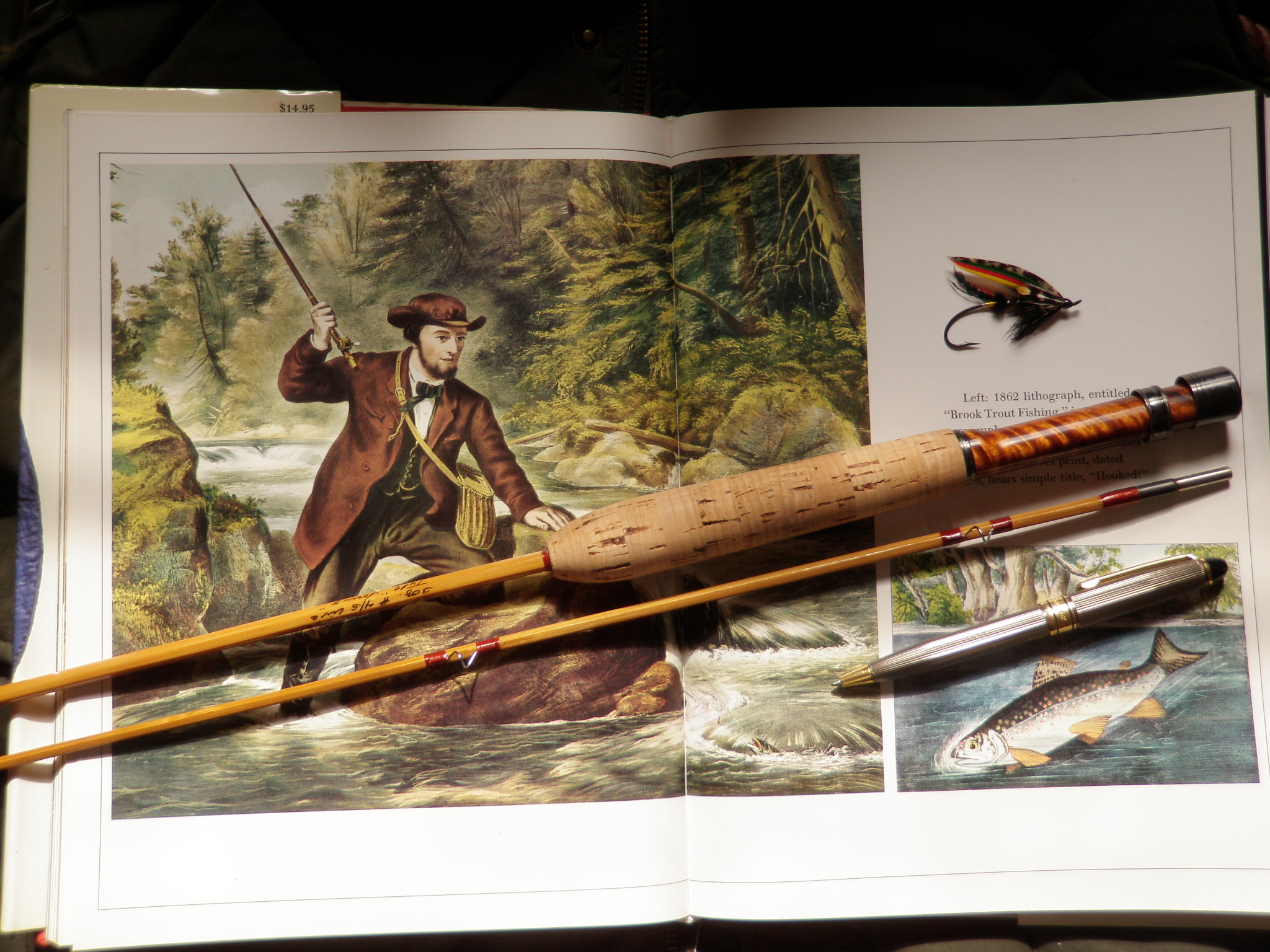 Classic print, cane rod, salmon fly.
