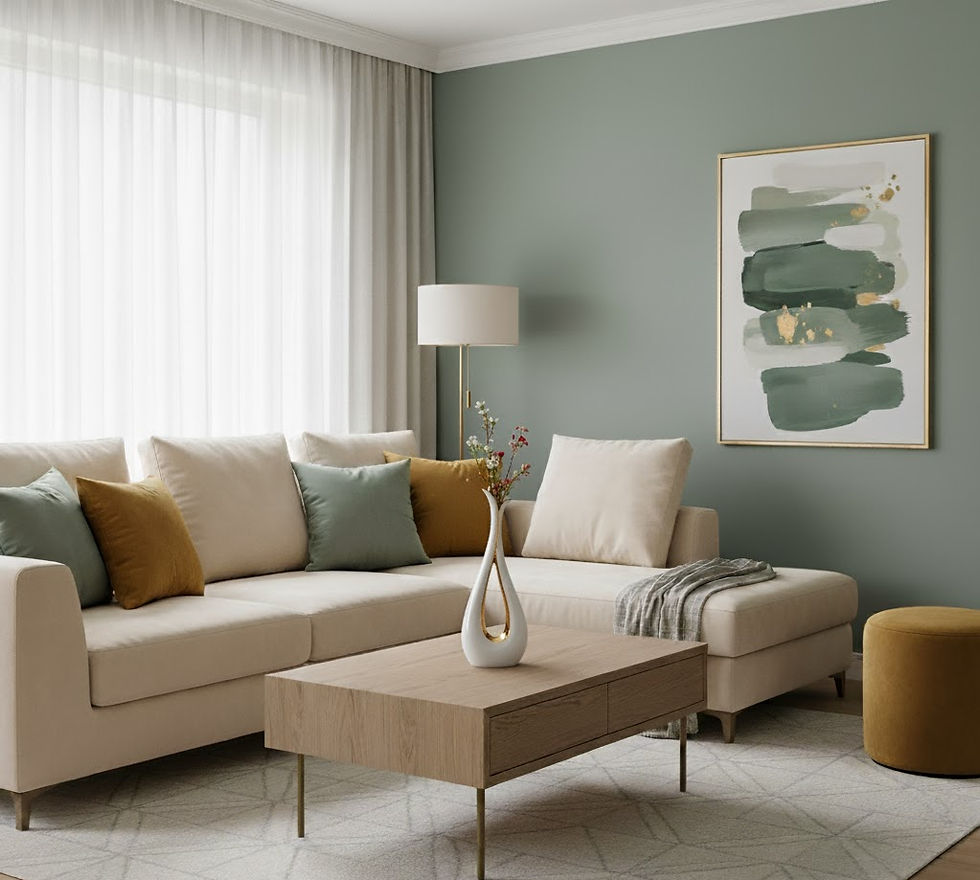 Modern living room with beige sectional sofa, mustard and green pillows. Wooden coffee table, abstract wall art, green walls, cozy ambiance.