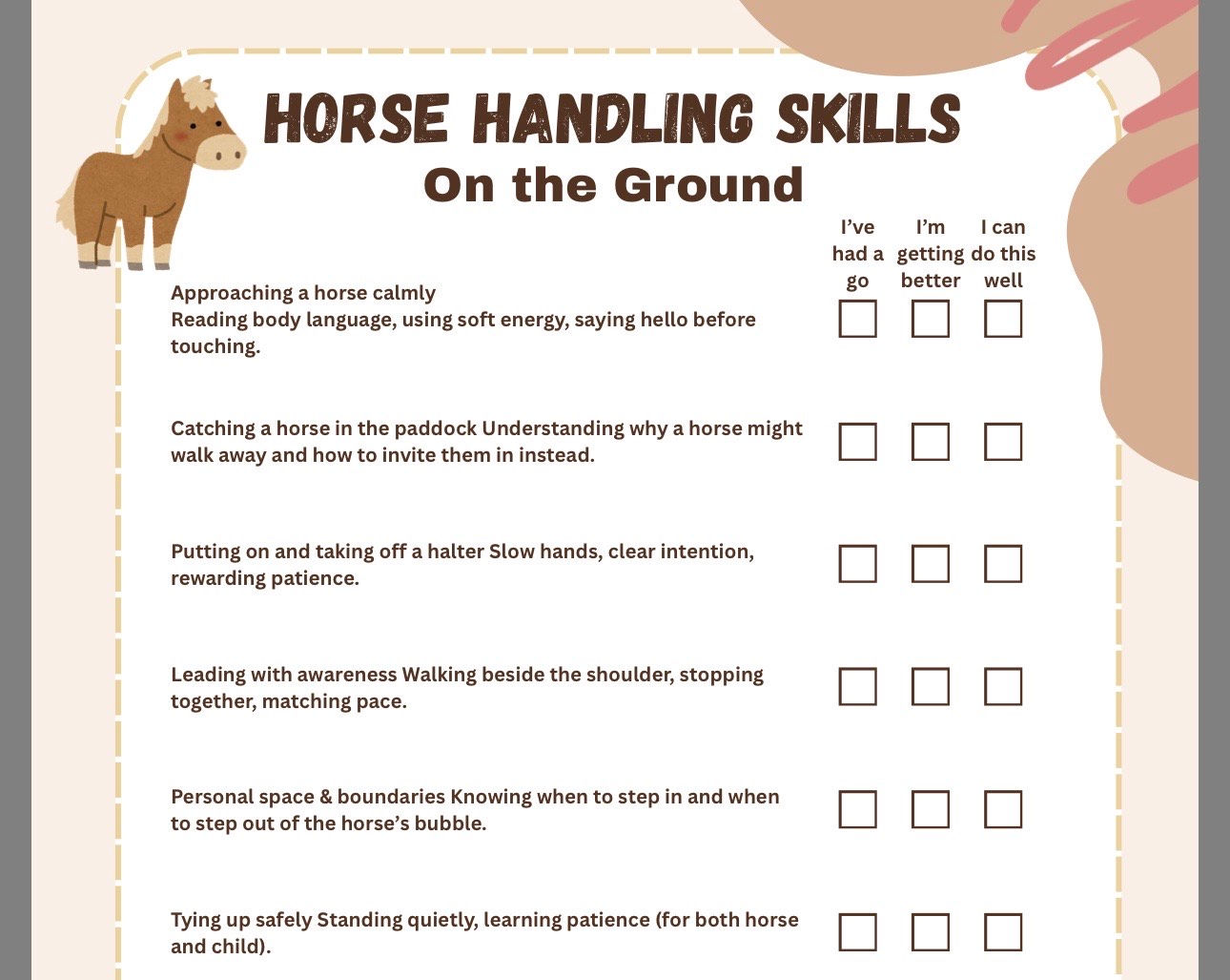 Beginning with Horses: Skills Checklist for Kids