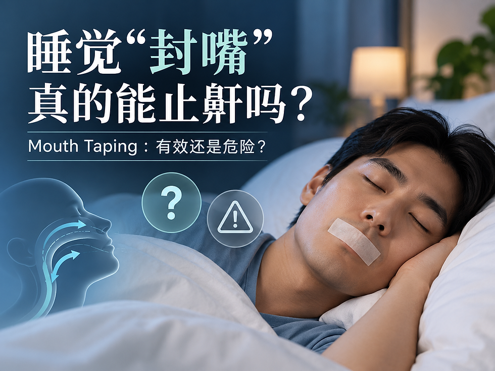Sleeping man with mouth tape across his lips, with Chinese text asking whether mouth taping can stop snoring and highlighting its potential benefits and risks.