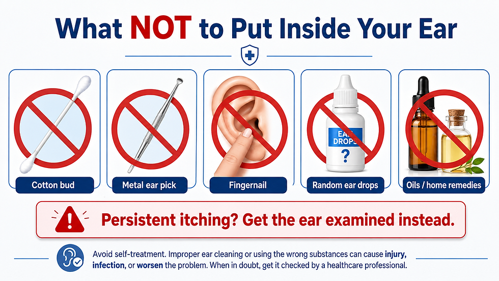 Infographic showing items that should not be inserted into the ear, including a cotton bud, metal ear pick, fingernail, random ear drops, and oils or home remedies, each marked with a red prohibition sign.