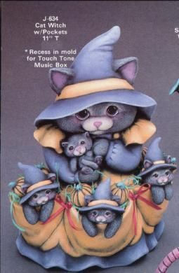 Ceramic Cat Witch w/Pockets full of kittens