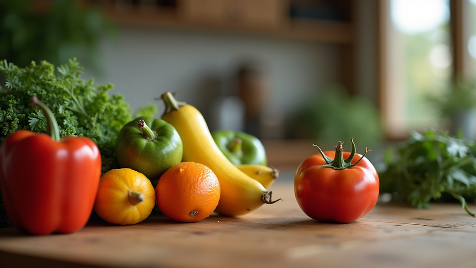 Eye-level view of a wooden table with fresh fruits and vegetables