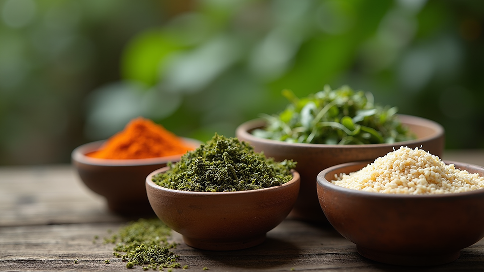 Close-up view of traditional herbal medicine ingredients in bowls