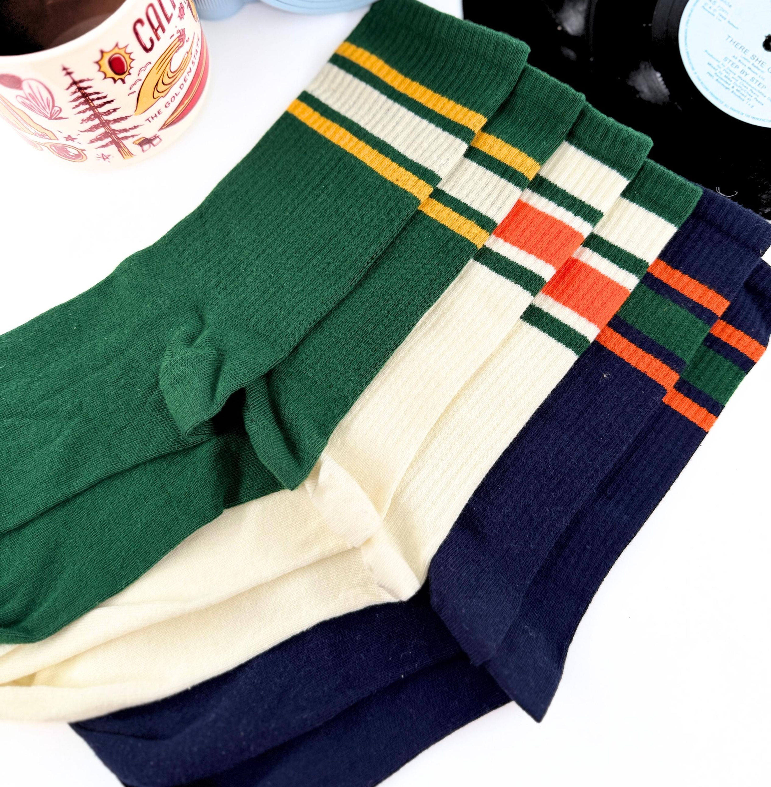 Embroidered Retro Stripe Crew Socks: Sporty Cotton Blend, Customizable
