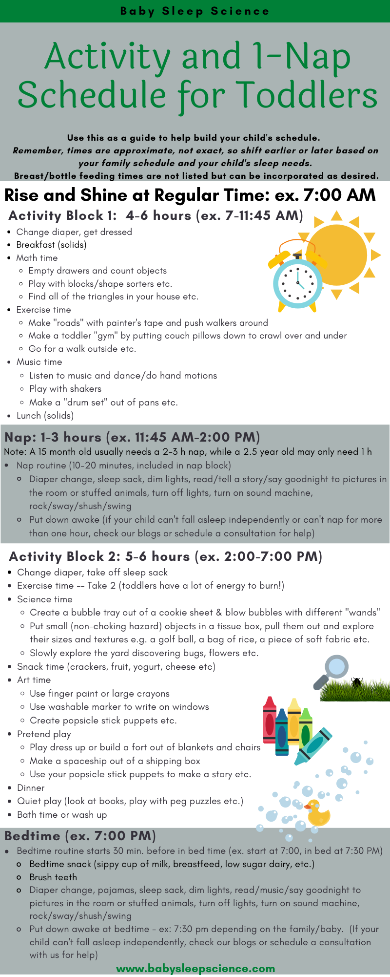 Printable activity and 1-nap schedule for toddlers 12-36 months.