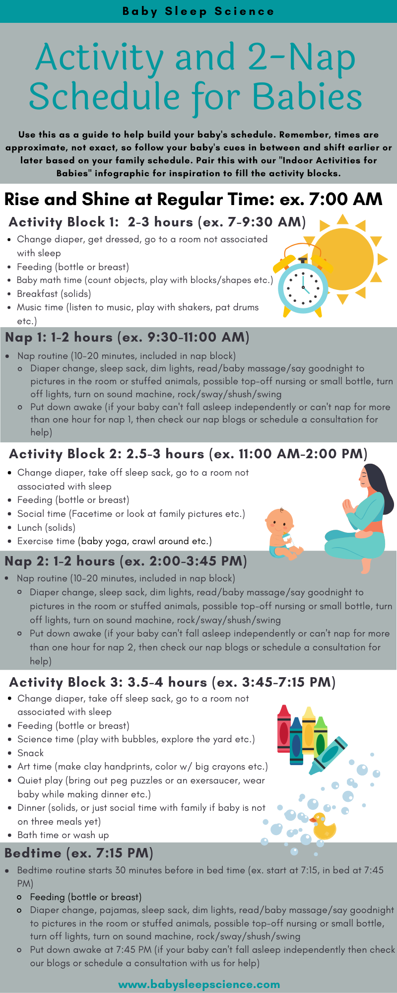 Printable activity and 2-nap schedule for babies 6-15 months old.