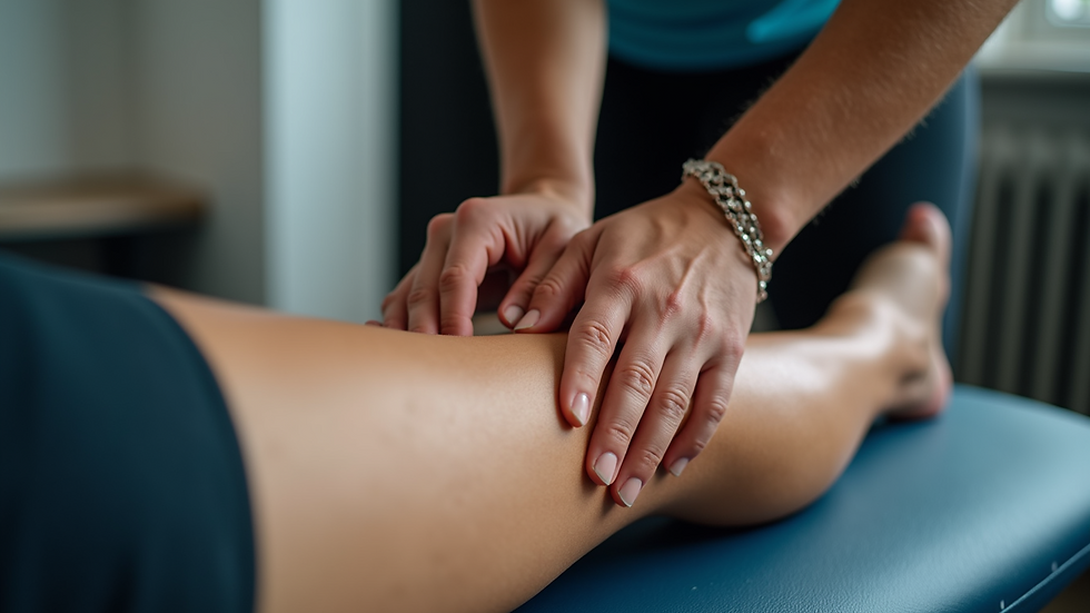 Close-up view of a massage therapist working on a runner's leg