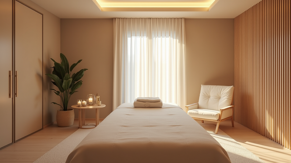 Eye-level view of a tranquil massage room with soft lighting