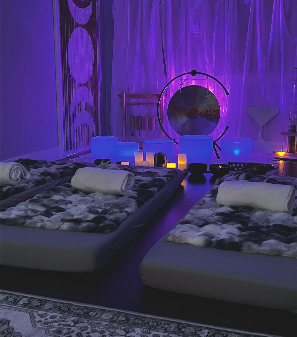 Cozy meditation mats, glowing crystal bowls, and a gong at Sagewave Sound’s healing sanctuary in Melbourne, Florida