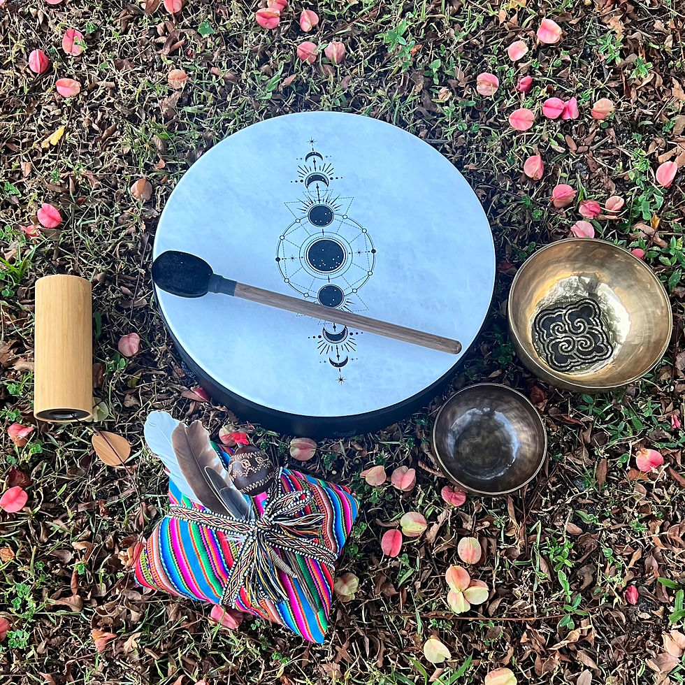 Drum, mesa, and sound healing instruments arranged outdoors in nature