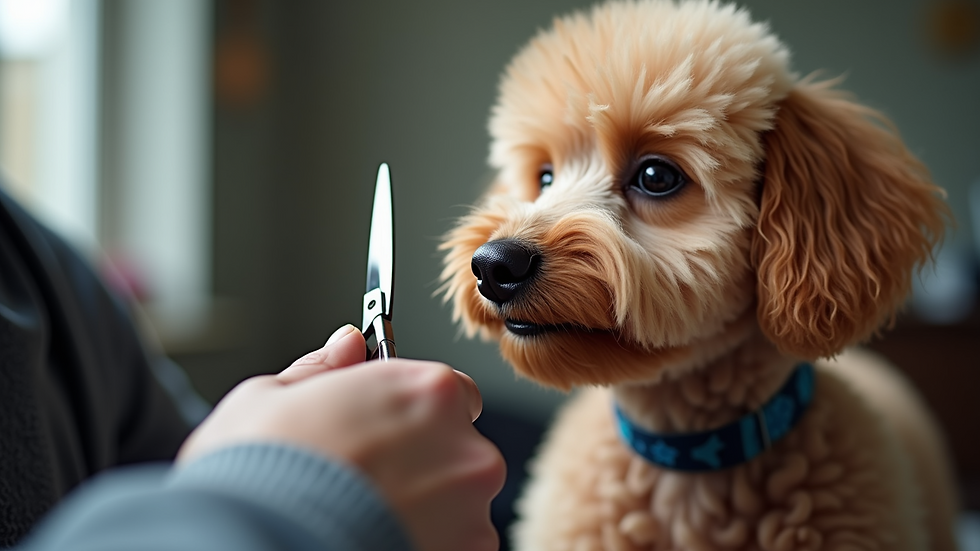 Close-up view of a poodle being gently groomed with scissors