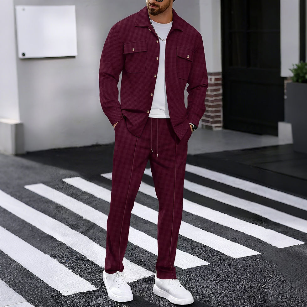 Thumbnail: Men's casual two-piece waffle texture suit (including button-down top and elasti