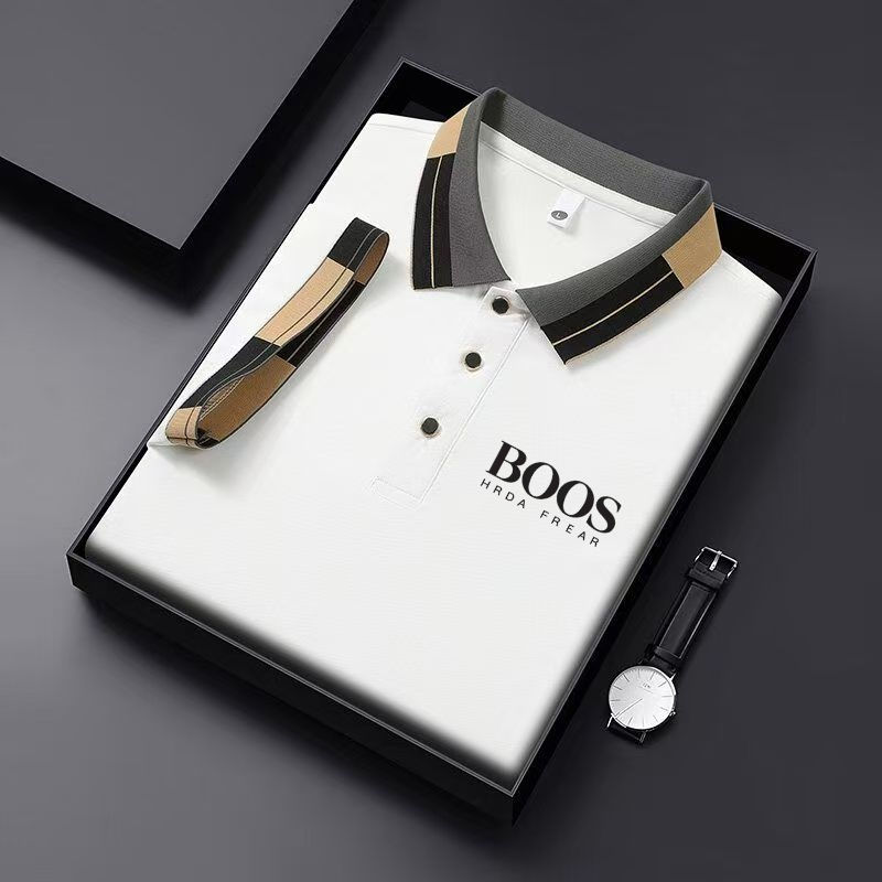 Thumbnail: Men'S New Embroidered Short Sleeved Striped Grid Polo Shirt, Business Casual Fas