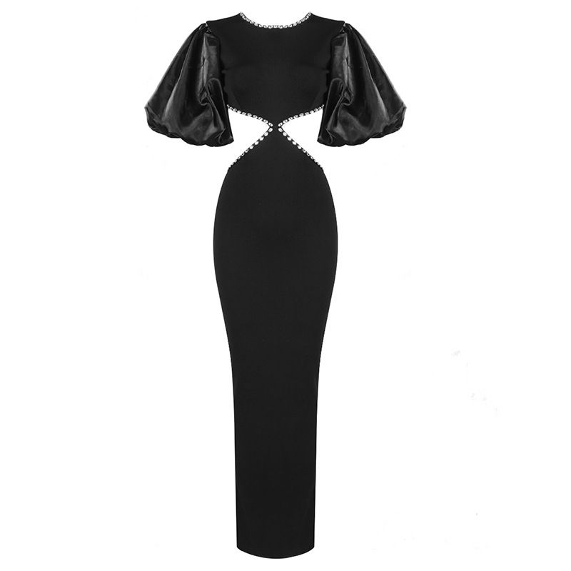2025 New Summer Dress Black Puff Sleeve Elegant Beading Women Dress Long Bandage