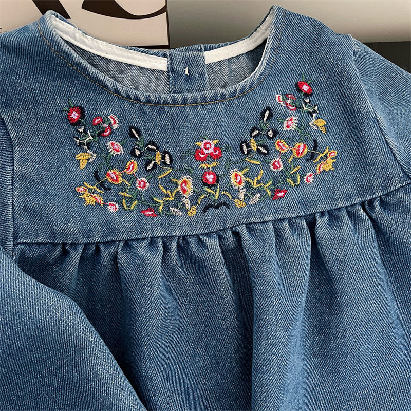 Thumbnail: Girls Denim Princess Dresses 2025 Spring/Autumn New Embroidery Floral Long Sleev